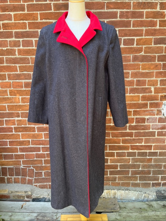 Vintage Jackets & Blazers - '80s Wool-Blend Long Coat with Red Collar